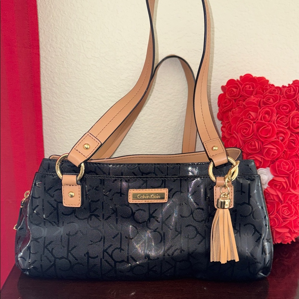 Calvin Klein Black and Tan Shoulder Bag